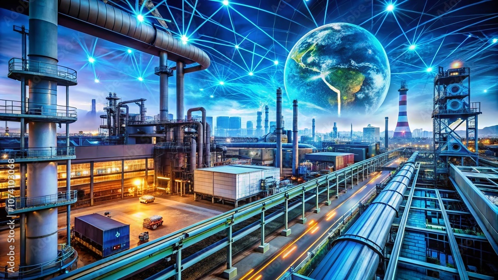 Aufkleber futuristic factory surveillance: satellite systems analyzing target location information with low li