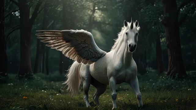 Majestic white unicorn with big, feathered wings is running through a dark and mysterious forest. The unicorn embodies magic, purity, and grace