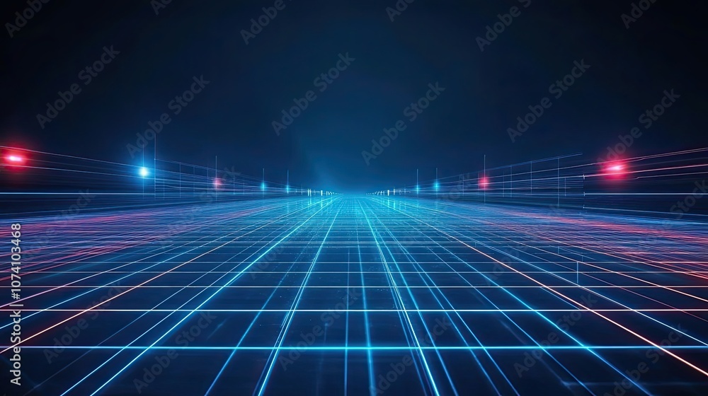 Poster abstract grid pattern with blue and red neon lines