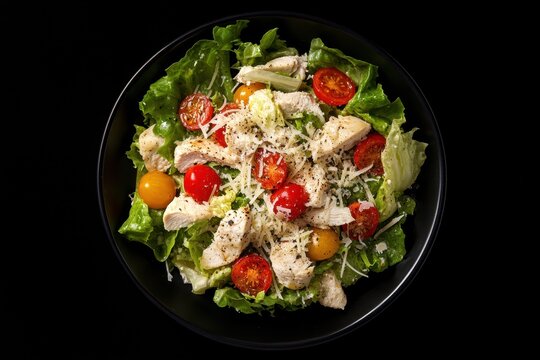 Overhead shot of a chicken Caesar salad on a black plate against a dark backdrop
