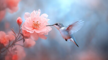 Hummingbird delicately sips nectar from a blooming flower in nature's vibrant display