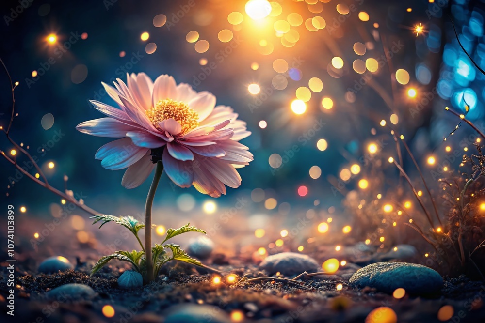 Poster Glowing Flower in a Serene Setting Illuminated by Magical Lights Creating a Dreamlike Atmosphere with High Depth of Field for Nature Lovers and Fantasy Enthusiasts