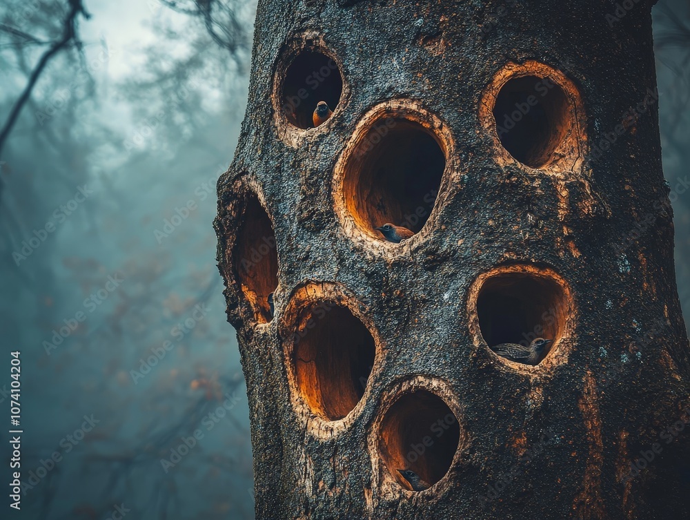 Poster a tree with multiple hollows, creating a habitat for small animals and birds