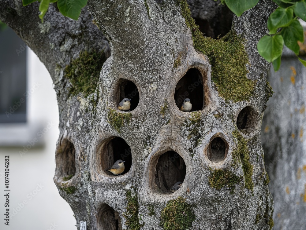 Poster a tree with multiple hollows, creating a habitat for small animals and birds
