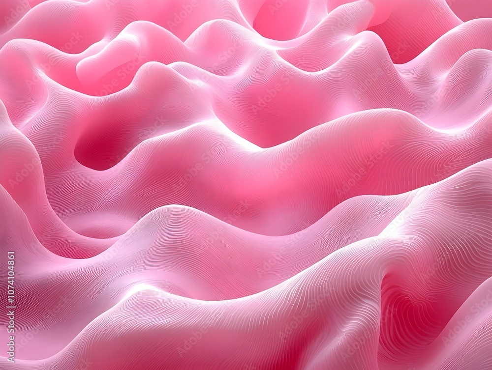 Poster an abstract composition featuring soft, flowing waves in varying shades of pink, creating a serene a