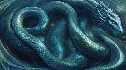 A mesmerizingly intricate quantum serpent, its shimmering scales adorned with shifting hues of ethereal blues and greens, coils sinuously in an otherworldly dance.