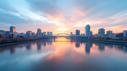 Naklejka premium Stunning sunset over a city skyline reflected in tranquil water creating a breathtaking landscape view