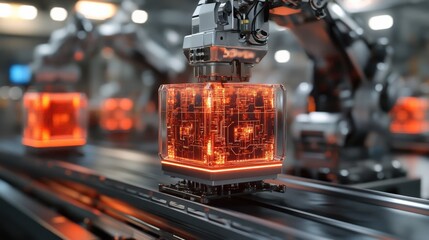 Futuristic Industrial Robots Handling High-Tech Transparent Cubes