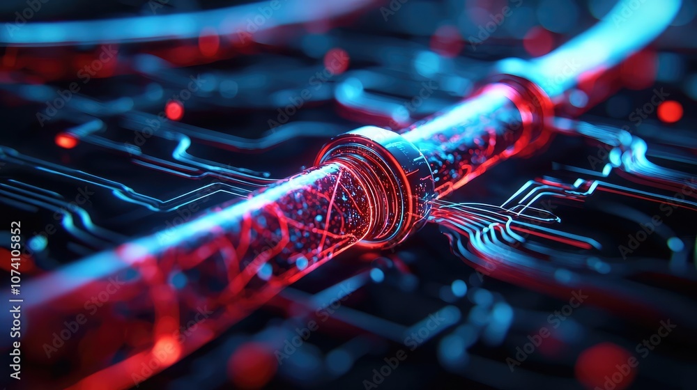Poster abstract technology background with glowing red circuit and fiber optics.