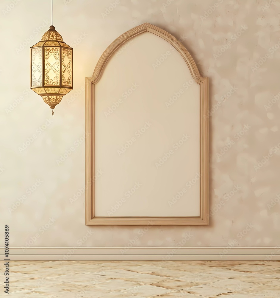 Poster 3d rendering of a ramadan islamic background mockup frame with a lantern and crescent moon decoratio
