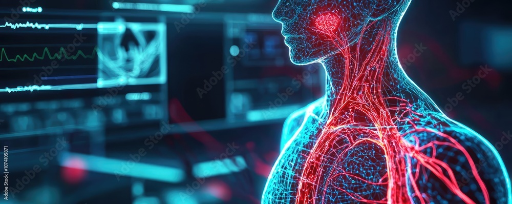 Poster 3d visualization of human vascular system with digital interface elements, isolated background.