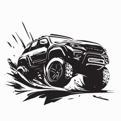 Car off road 4x4 black and white image. Off road car with mud illustration isolated on white background. © Istianah