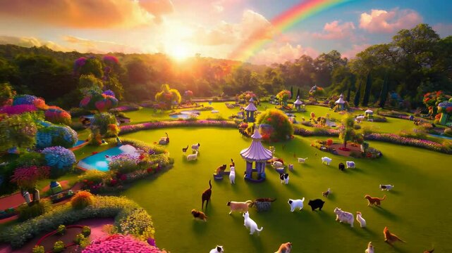 A beautiful fairy garden of Eden with happy dogs and cats who run and play. They live after death in a heavenly paradise. Concept of life after death for animals.