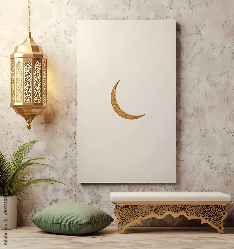Poster 3d rendering of a ramadan islamic background mockup frame with a lantern and crescent moon decoratio