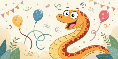 Obraz premium Playful Serpent A cheerful s design with a wide smile surrounded by playful swirls and whimsical decorations evoking a feeling of joy and celebration.
