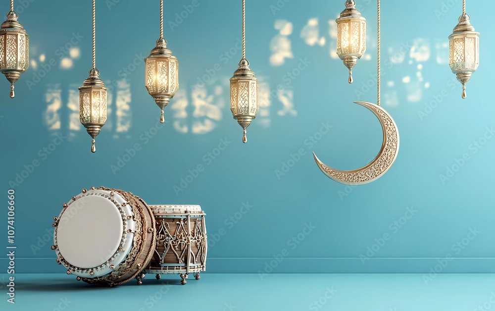 Fototapete 3d rendering of a ramadan kareem banner with a drum and crescent moon decoration, hanging lanterns o