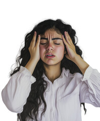 Simple portrait of a young Latina covering ears with fingers, stressed and desperate by a loudly ambient, transparent background