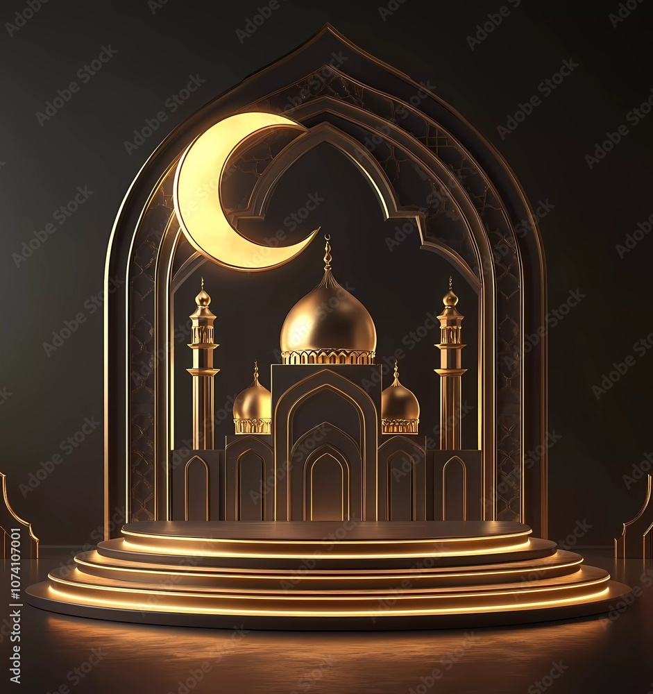 Poster 3d rendering vector illustration of an islamic ramadan kareem banner template design with a crescent