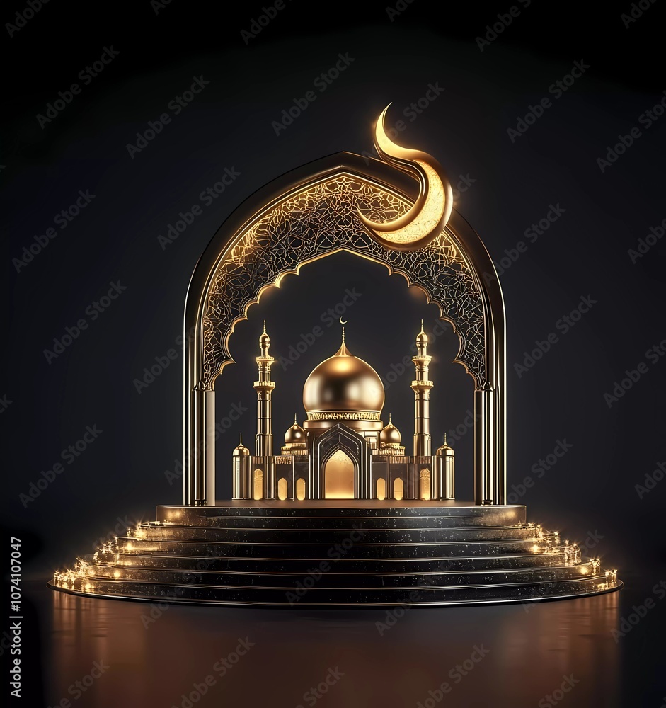 Poster 3d rendering vector illustration of an islamic ramadan kareem banner template design with a crescent