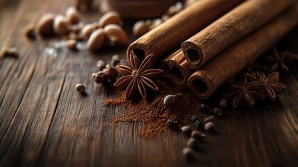 Rustic Spices: A Close-Up of Cinnamon and Star Anise on Wooden Surface