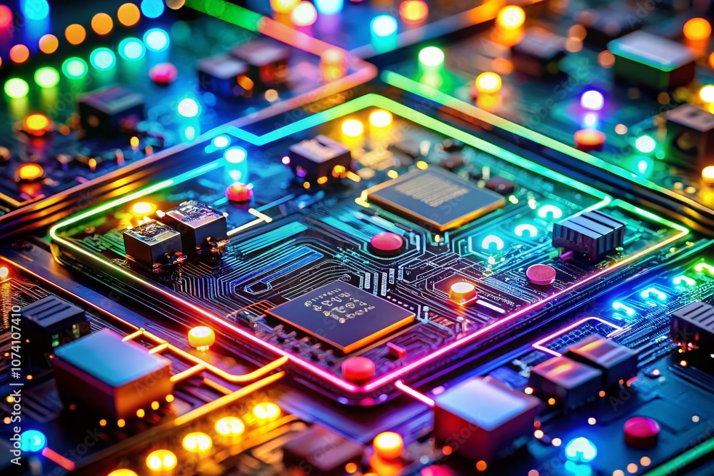 Poster high-resolution circuit board featuring vibrant led lights for advanced technology and innovation in