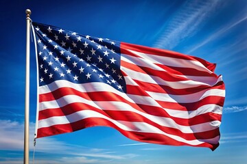 Fototapeta premium High-Resolution United States Flag Waving in the Wind, Showcasing Vibrant Colors of Red, White, and Blue with Stars and Stripes in a Dynamic Outdoor Setting