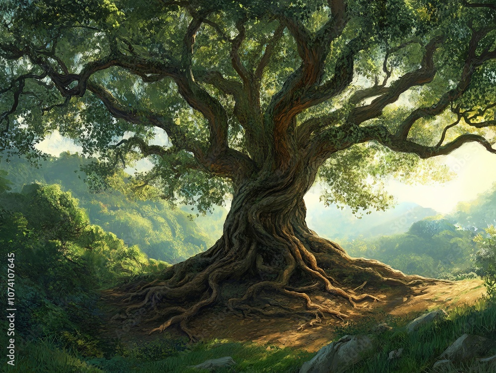 Poster an ancient tree with sprawling roots, its age showing through its vast canopy and twisted branches