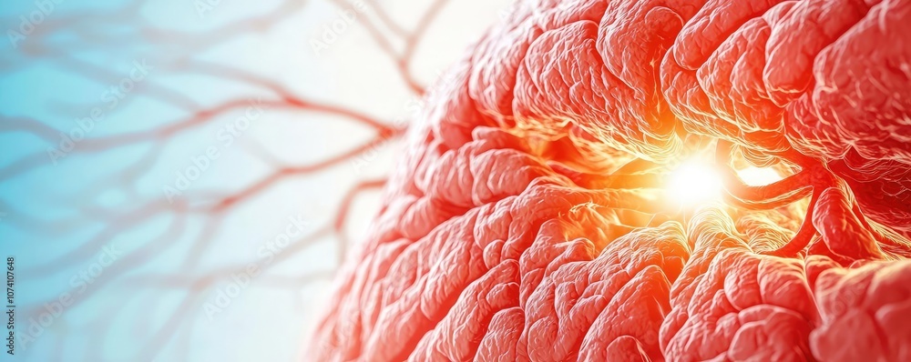 Poster close-up view of a human brain with luminous effect on neurons, isolated background.