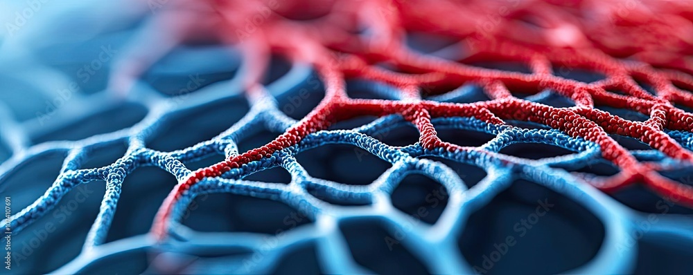 Poster close-up of intricate cellular network with red and blue textures, white isolated background.