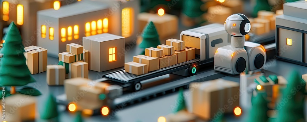 Poster miniature model with a robot loading packages onto a conveyor in a vibrant setting.