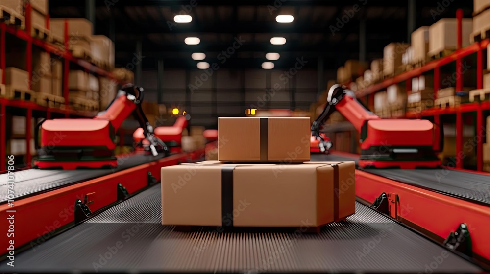 Poster robots handling packages in a modern warehouse setting, focus on automation and efficiency.