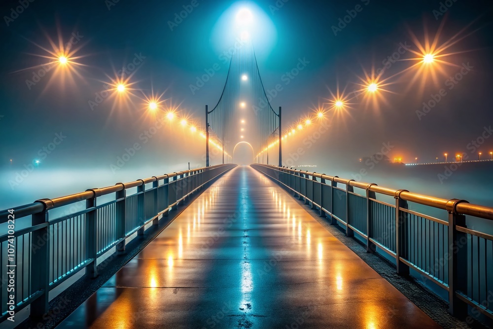 Poster illuminated bridge pathway at night surrounded by fog creating a mystical atmosphere with long expos