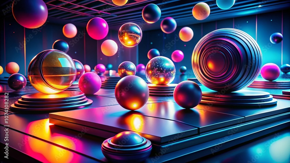 Poster illuminated geometry: abstract 3d render of glowing spheres on dark platforms showcasing modern fash
