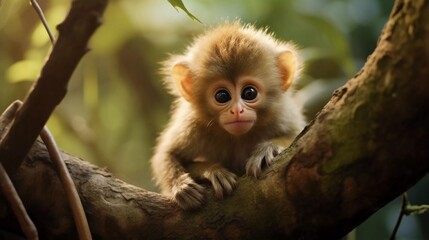 Fototapeta premium A close-up of a curious baby monkey perched on a tree branch in a lush environment.