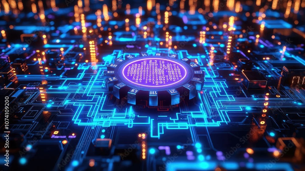 Poster futuristic circuit board with glowing blue elements and a central processing unit.