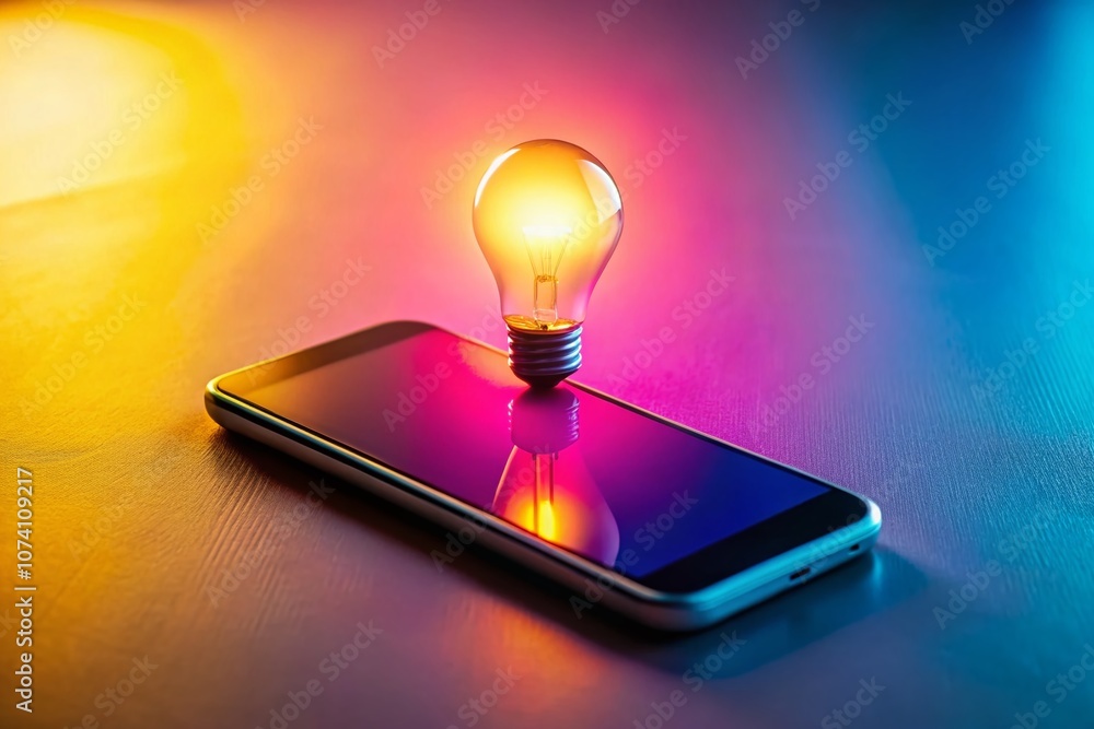 Aufkleber innovative technology: using online data to spark new ideas with smartphone light bulb concept and c