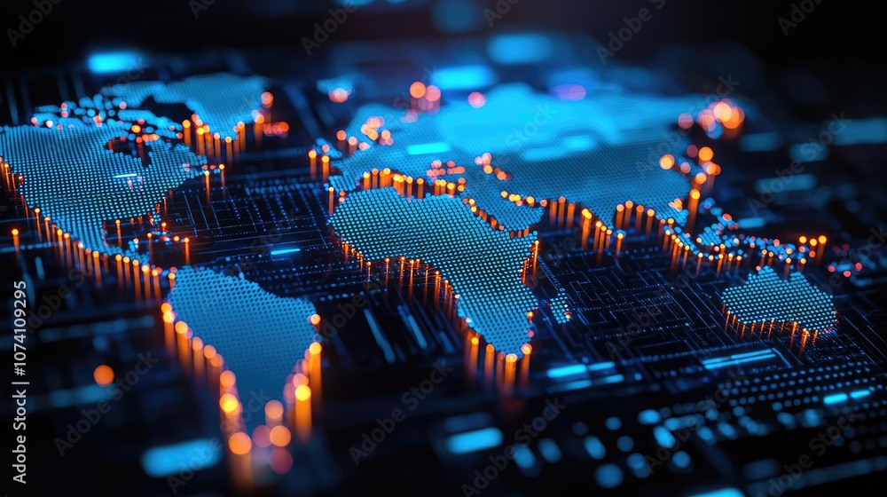 Aufkleber digital world map with glowing circuits on a dark background.