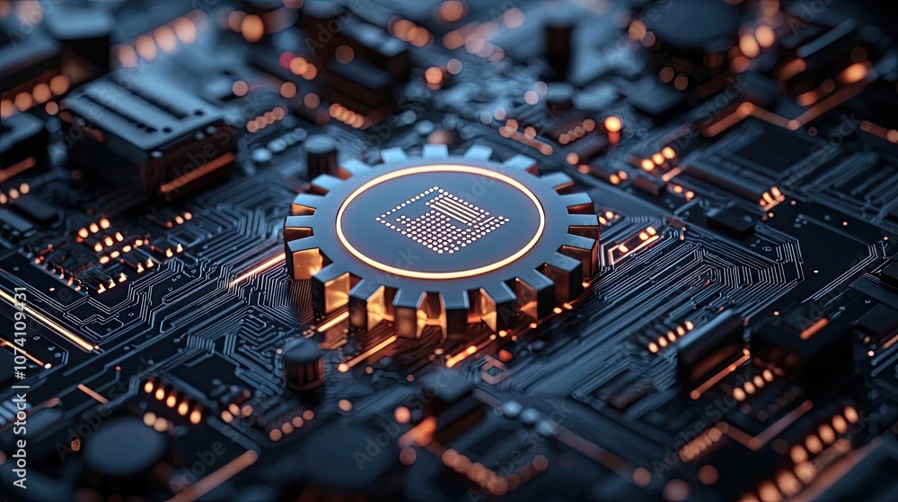 Poster close-up of a microchip on a circuit board with glowing orange details.