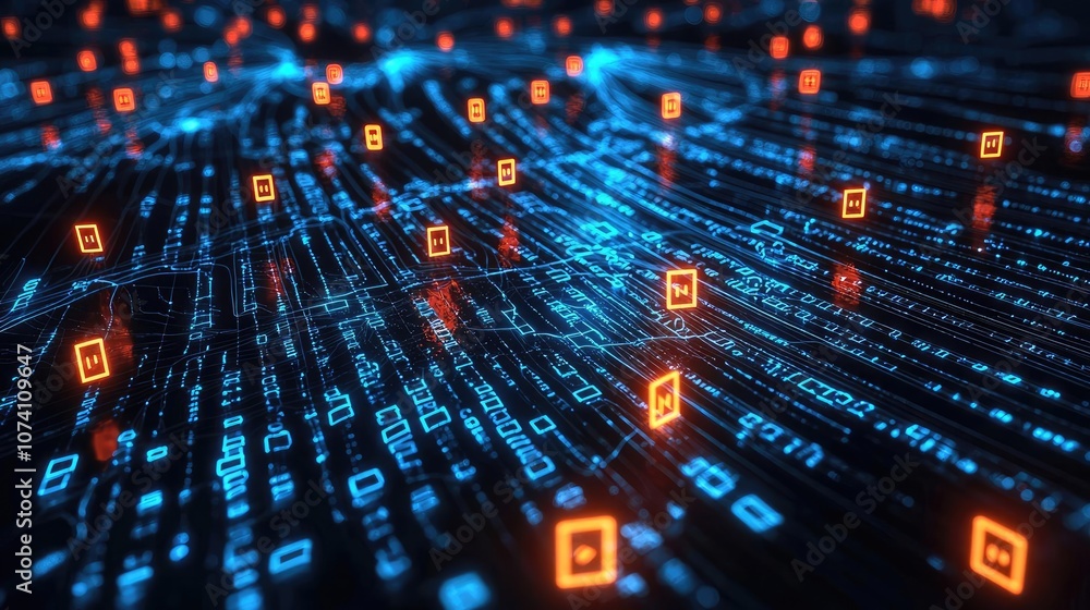 Poster digital data flow with glowing blue and orange nodes on a dark background.