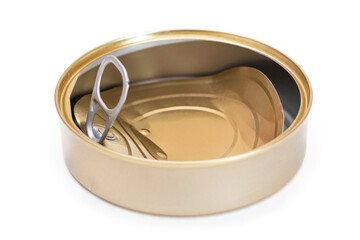 Opened Empty Tin Can With Broken Cover Isolated on White Background. Clean Used Aluminum Can - Isolation. Non-Degradable Inorganic Waste