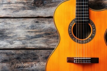 Zoom in on an acoustic guitar s head and neck against a wooden backdrop highlighting country and...