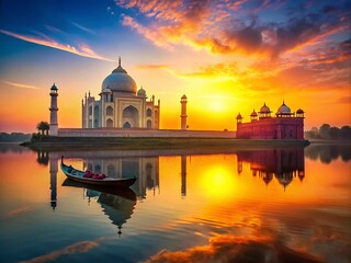Fototapeta premium Journey Through Time: A Stunning Silhouette of an Ornate Boat Against the Majestic Taj Mahal at Sunset, Capturing the Essence of History and Culture in One Frame