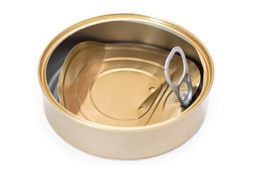 Opened Empty Tin Can With Broken Cover Isolated on White Background. Clean Used Aluminum Can - Isolation. Non-Degradable Inorganic Waste