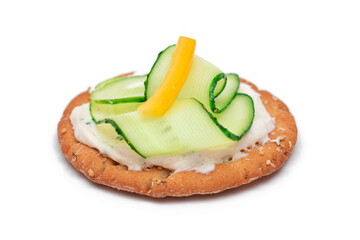 Crispy Cracker Sandwich with Fresh Cucumber, Yellow Paprika and Cottage Cheese - Isolated on White. Easy Breakfast. Quick and Healthy Sandwiches. Crispbread with Tasty Filling. Healthy Dietary Snack