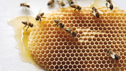 Close-up bees working on honeycomb, showcasing structure and golden honey produced in the hive. Nature and food concept
