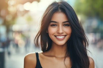 Fototapeta premium A daytime city close up of a young striking Indian girl in a casual black dress smiling brightly