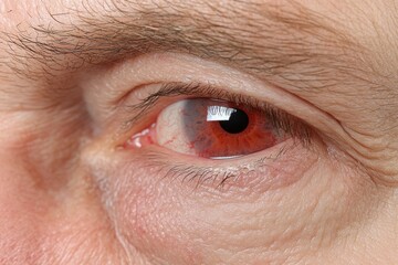 Obraz premium A detailed view of a man s irritated eye showcasing treatments for conjunctivitis and eye infections stressing their efficacy and rapid relief