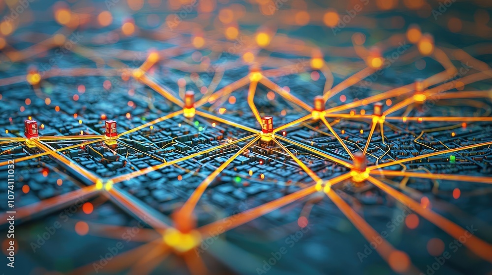 Poster abstract network connections over a digital map, illuminated nodes.