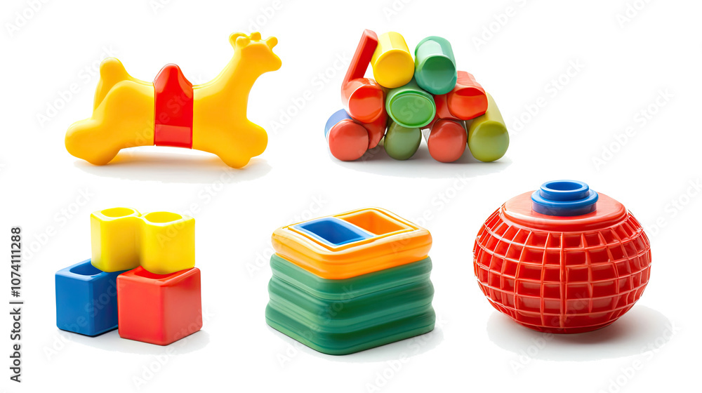 Poster colorful plastic toy blocks and figures on a transparent background generative ai