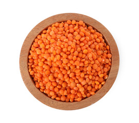 Raw lentils in bowl isolated on white, top view
